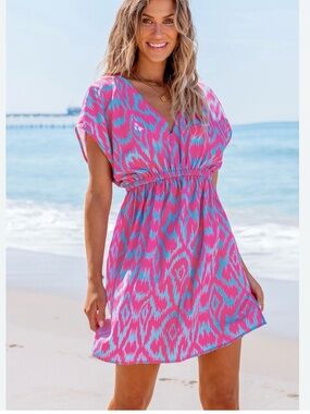 Cupshe Pink & Turquoise V-Neck Elastic-Waist Mini Dress